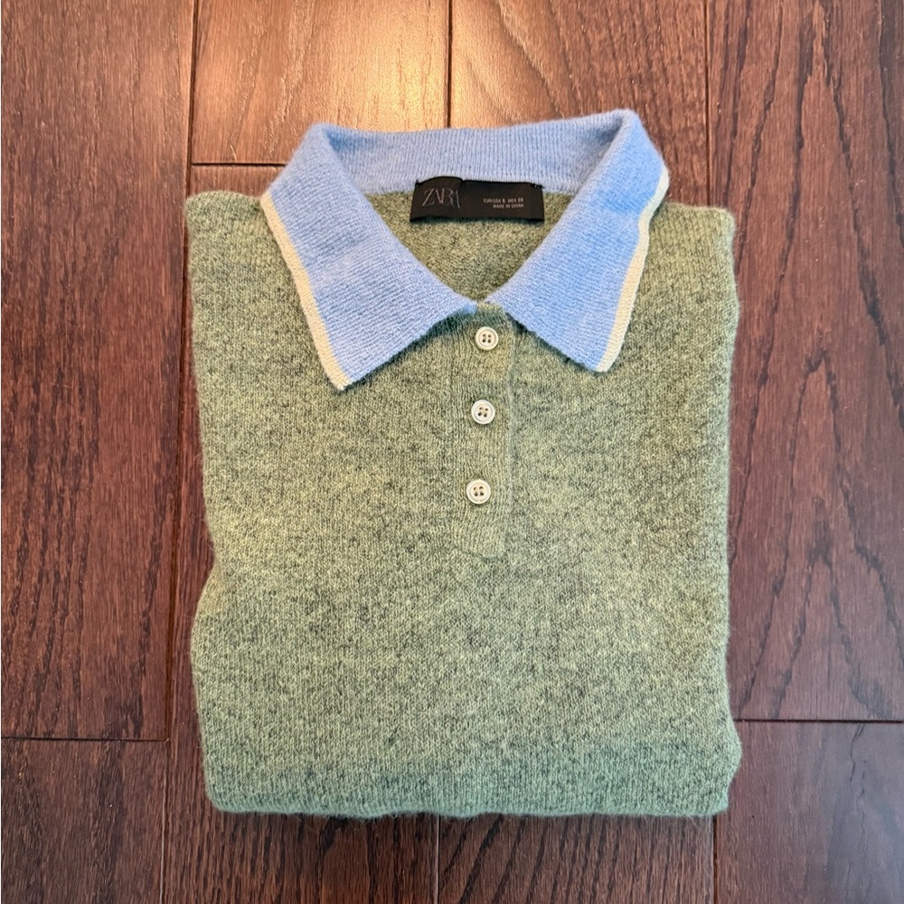 🌟Zara Green Knit Polo with Light Blue Collar